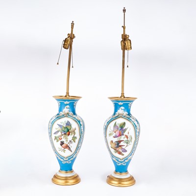 Lot 373 - Pair of Continental Gilt and Hand-Painted Mold-Blown Glass Vases Mounted as Table Lamps