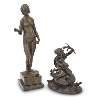 Lot 194 - French Bronze Figure of a Boy Riding a Swan and a Bronze Figure of Eve