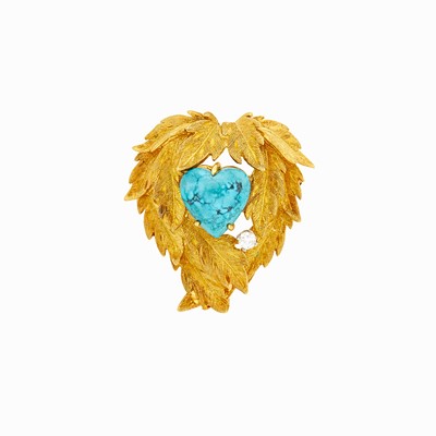 Lot 1026 - E. Pearl Gold, Turquoise and Diamond Brooch