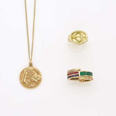 Lot 1217 - Gold 'Aries' Medallion Pendant with Chain Necklace, 'Sagittarius' Ring and Colored Stone and Diamond Ring