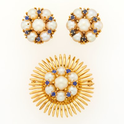 Lot 1206 - Gold, Cultured Pearl and Sapphire Brooch and Pair of Earclips