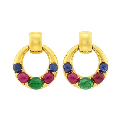 Lot 147 - Seaman Schepps Pair of Gold and Cabochon Colored Stone Hoop Pendant-Earclips