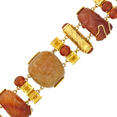 Lot 16 - Seaman Schepps Gold, Carved Jade and Citrine 'Snuff Bottle' Bracelet