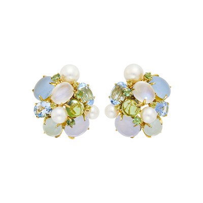 Lot 151 - Seaman Schepps Pair of Gold, Multicolored Stone and Cultured Pearl 'Large Bubble' Earrings