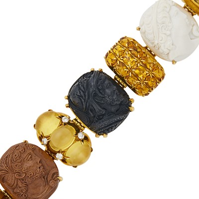 Lot 12 - Seaman Schepps Gold, Carved Lava Cameo, Gem-Set and Diamond 'Rio' Bracelet