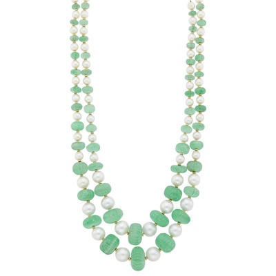 Lot 28 - Seaman Schepps Pair of  Gold and Carved Emerald Bead and Freshwater Pearl Necklaces