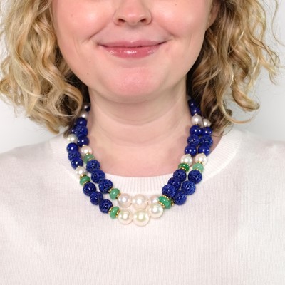 Lot 33 - Seaman Schepps Long Carved Lapis, Jade, South Sea Cultured Pearl and Gold Necklace/Pair of of Necklaces Combination