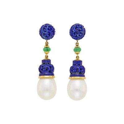 Lot 34 - Seaman Schepps Pair of Gold, Carved Lapis, South Sea Cultured Pearl and Green Onyx Bead 'Canton' Pendant-Earrings
