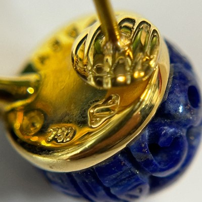 Lot 34 - Seaman Schepps Pair of Gold, Carved Lapis, South Sea Cultured Pearl and Green Onyx Bead 'Canton' Pendant-Earrings