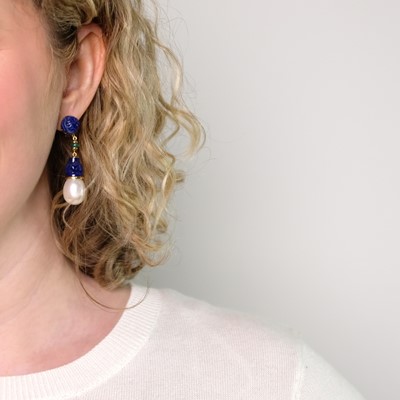 Lot 34 - Seaman Schepps Pair of Gold, Carved Lapis, South Sea Cultured Pearl and Green Onyx Bead 'Canton' Pendant-Earrings