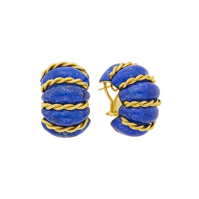 Lot 142 - Seaman Schepps Pair of Gold and Lapis 'Shrimp' Earrings
