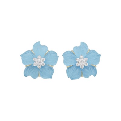 Lot 164 - Seaman Schepps Pair of White Gold, Carved Rock Crystal, Turquoise and Diamond 'Clematis' Earrings