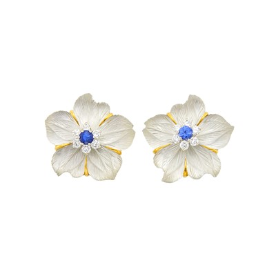 Lot 151 - Seaman Schepps Pair of Gold, Carved Rock Crystal, Mother-of-Pearl, Sapphire and Diamond 'Clematis' Earrings