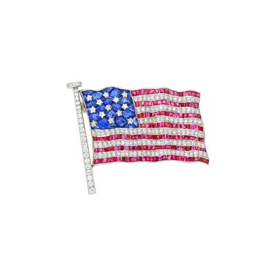 Lot 224 - Platinum, Diamond, Ruby and Sapphire Flag Pin