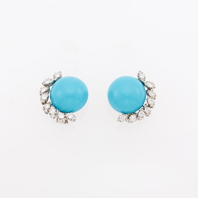 Lot 1052 - Pair of White Gold, Imitation Turquoise and Diamond Earclips