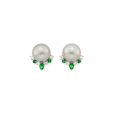 Lot 43 - Pair of Platinum, Tahitian Gray Cultured Pearl, Diamond and Emerald Earclips