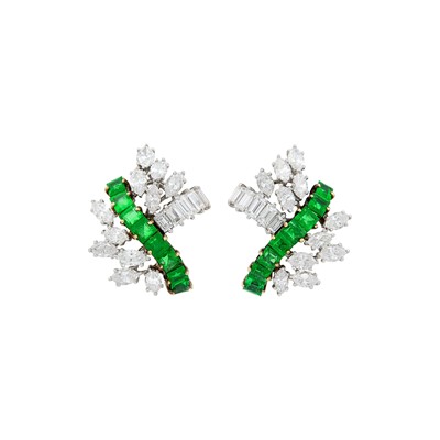 Lot 283 - Pair of Platinum, Gold, Emerald and Diamond Earclips