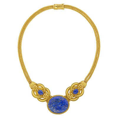 Lot 37 - Double Strand Woven Gold and Lapis Necklace