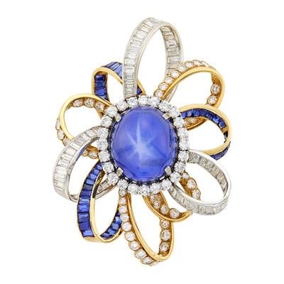 Lot 265 - Platinum, Gold, Star Sapphire, Diamond and Sapphire Ribbon Brooch