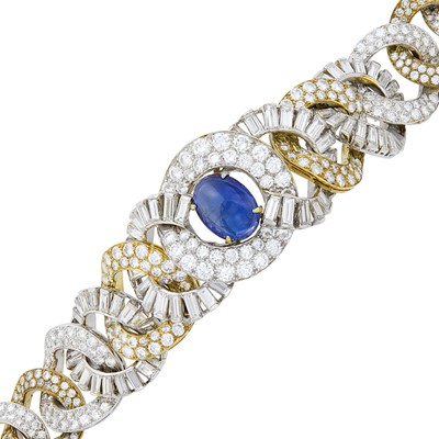 Lot 266 - Platinum, Gold-Plated Platinum, Cabochon Sapphire and Diamond Bracelet