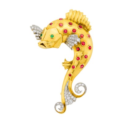 Lot 94 - Gold, Platinum, Ruby, Emerald and Diamond Fish Clip-Brooch