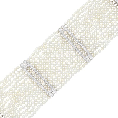Lot 75 - Fourteen Strand Natural Pearl, Gold, Platinum and Diamond Bracelet