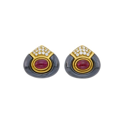 Lot 6 - Bulgari Pair of Gold, Hematite, Cabochon Ruby and Diamond Earclips