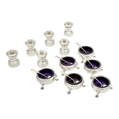 Lot 169 - Set of Six George III Sterling Silver Open Salts and Six Tiffany & Co. Silver Pepper Grinders