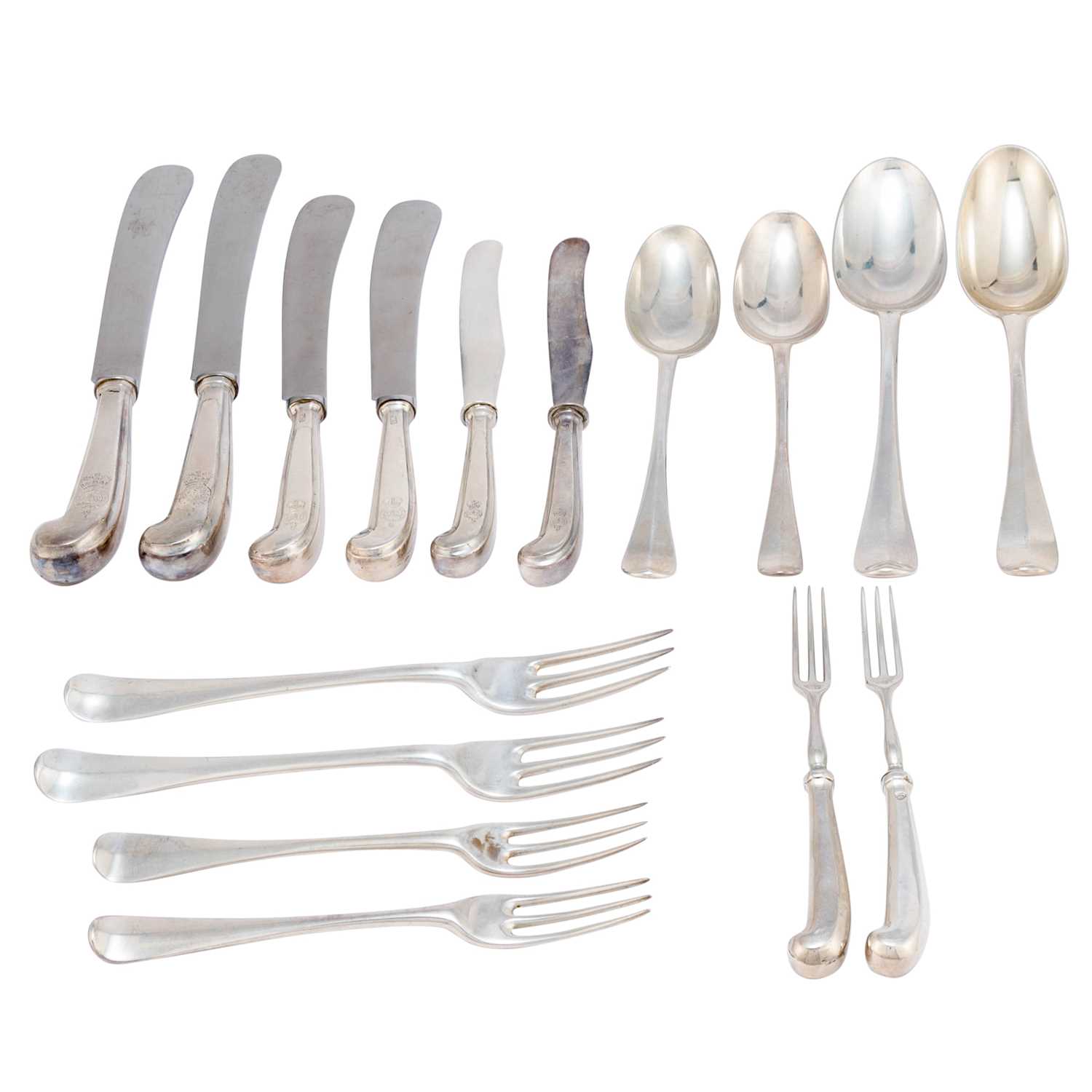 Lot 159 - Assembled Georgian Sterling Silver "Rattail" Pattern Flatware Service