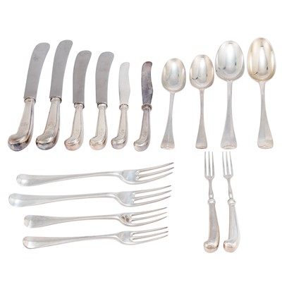 Lot 159 - Assembled Georgian Sterling Silver "Rattail" Pattern Flatware Service