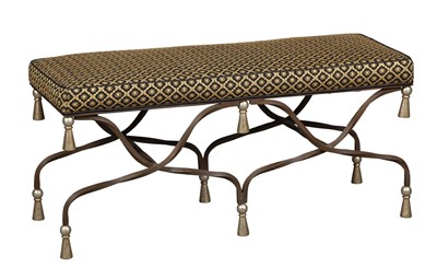 Lot 164 - Arte Moderne Style Upholstered Wrought Iron Bench