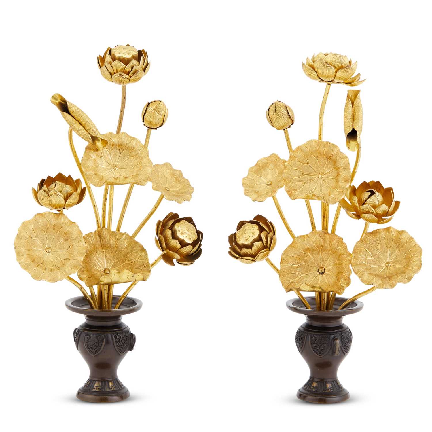 Lot 111 - Pair of Japanese Gilt and Patinated Bronze Lotus Groups