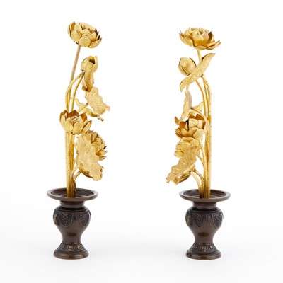 Lot 111 - Pair of Japanese Gilt and Patinated Bronze Lotus Groups