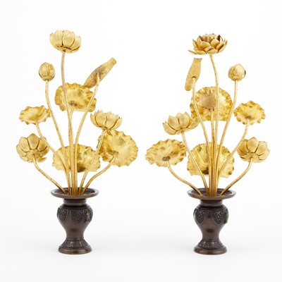Lot 111 - Pair of Japanese Gilt and Patinated Bronze Lotus Groups