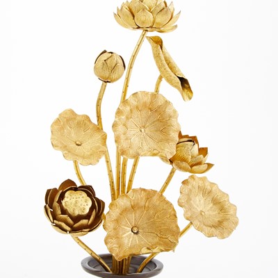 Lot 111 - Pair of Japanese Gilt and Patinated Bronze Lotus Groups