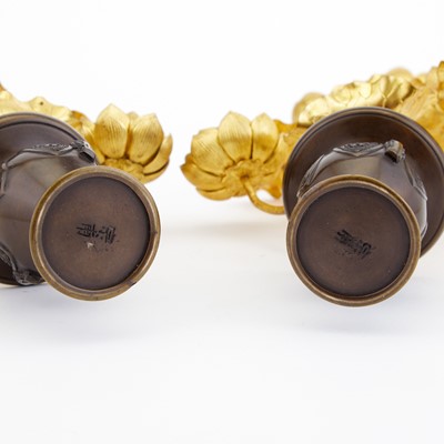 Lot 111 - Pair of Japanese Gilt and Patinated Bronze Lotus Groups
