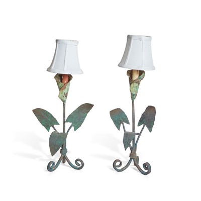 Lot 94 - Pair of Painted and Wrought Iron Floral-Form Lamps