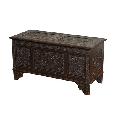 Lot 180 - Jacobean Style Carved and Dark Stained Oak Panel Chest