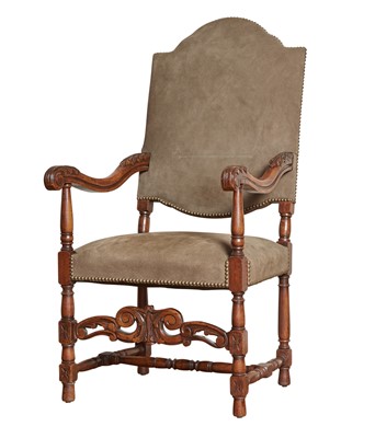 Lot 202 - Baroque Style Suede Upholstered Walnut-Stained Armchair