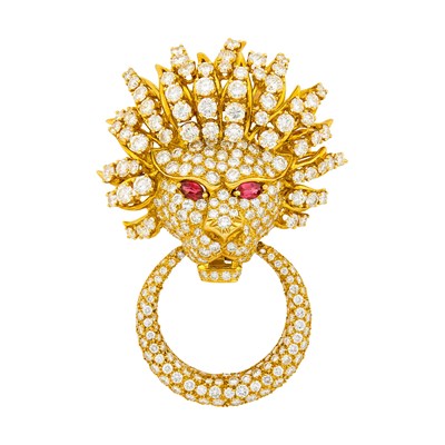 Lot 203 - Van Cleef & Arpels Gold, Diamond and Ruby Lion Head Clip-Brooch
