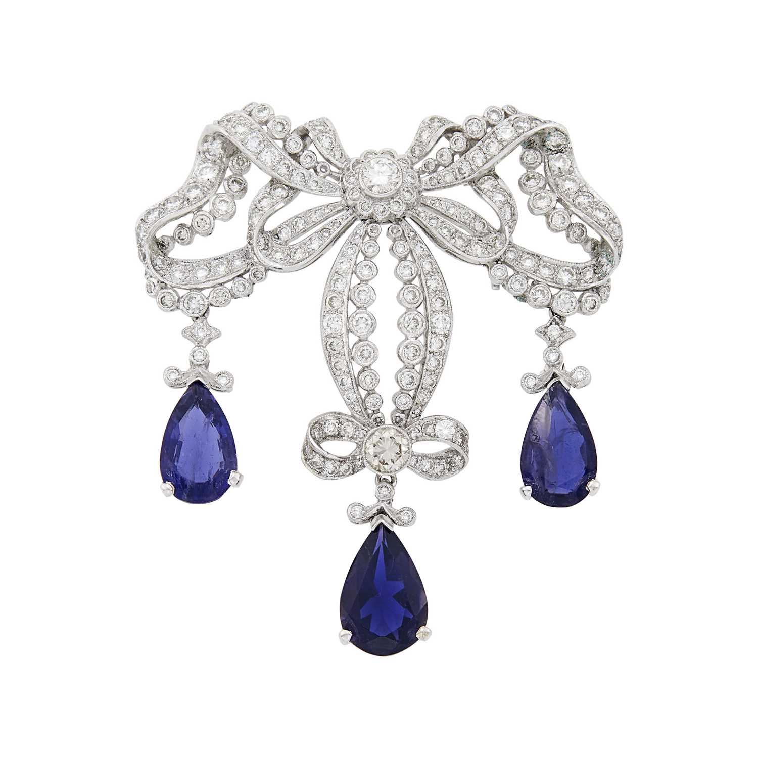 Lot 1169 - White Gold, Diamond and Iolite Pendant-Brooch