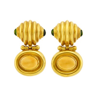 Lot 9 - Pair of Gold, Cabochon Citrine and Tourmaline Pendant-Earrings