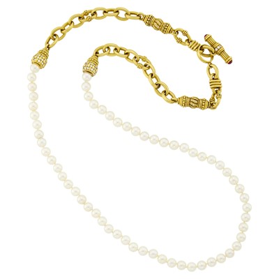 Lot 165 - Judith Ripka Long Gold, Cultured Pearl, Diamond and Cabochon Ruby Toggle Necklace