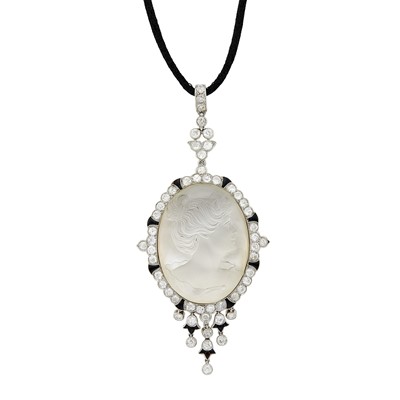 Lot 166 - Marzo Paris Platinum, Gold, Frosted Rock Crystal Cameo, Diamond and Black Onyx Pendant-Locket with Platinum, Diamond and Black Cord Necklace