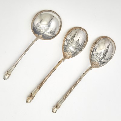 Lot 18 - Three Russian Silver-Gilt and Niello Spoons