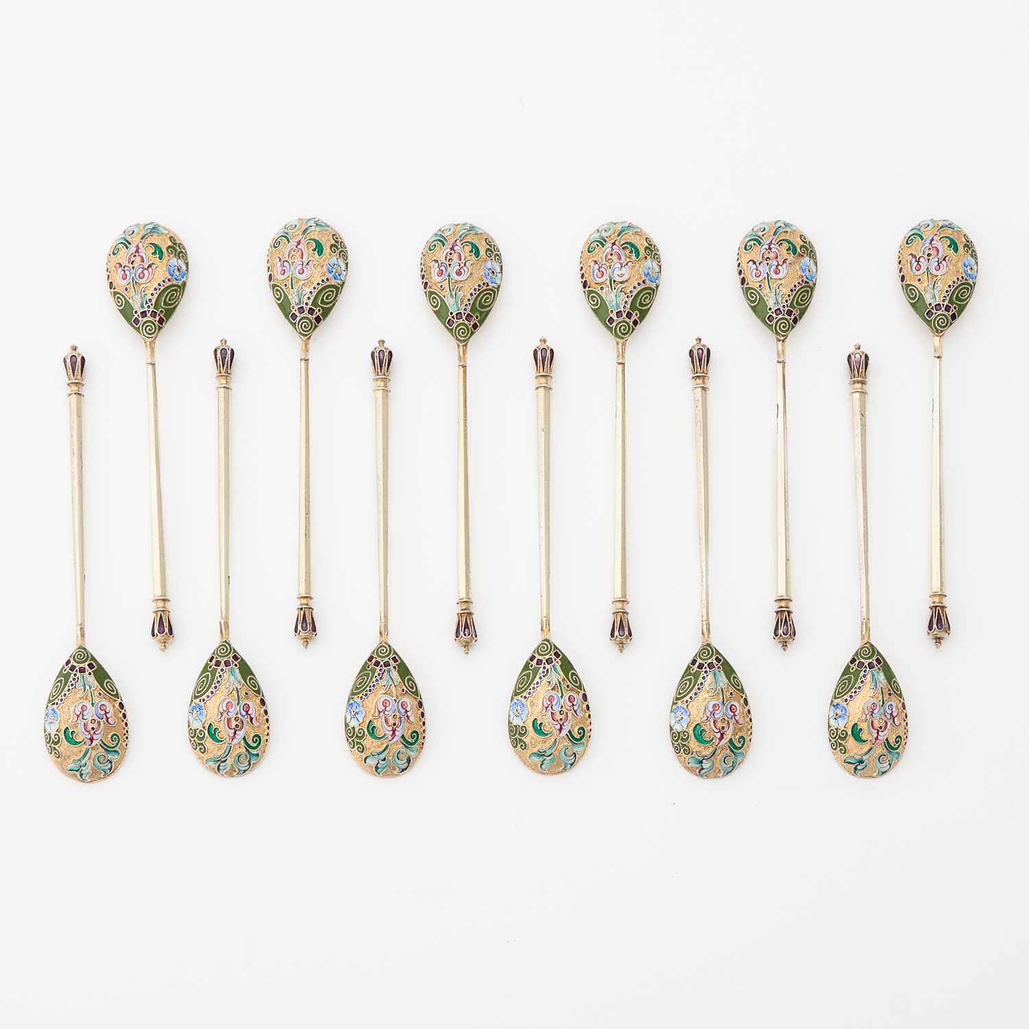 Lot 112 - Set of Twelve Russian Silver and Cloisonné Enamel Spoons