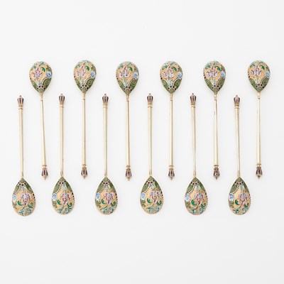 Lot 53 - Set of Twelve Russian Silver and Cloisonné Enamel Spoons