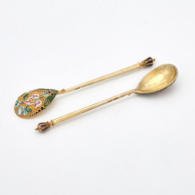 Lot 112 - Set of Twelve Russian Silver and Cloisonné Enamel Spoons