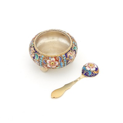 Lot 106 - Russian Silver and Cloisonné Enamel Salt and Spoon