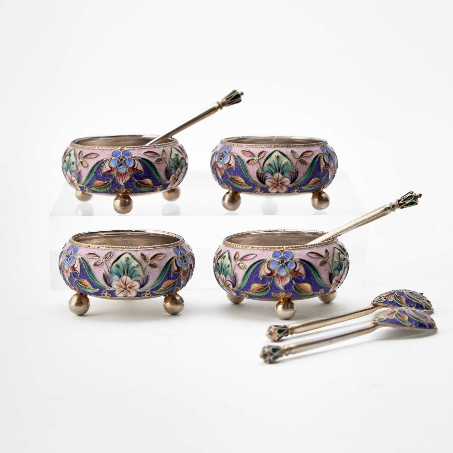 Lot 110 - Set of Four Russian Silver and Cloisonné Enamel Salts